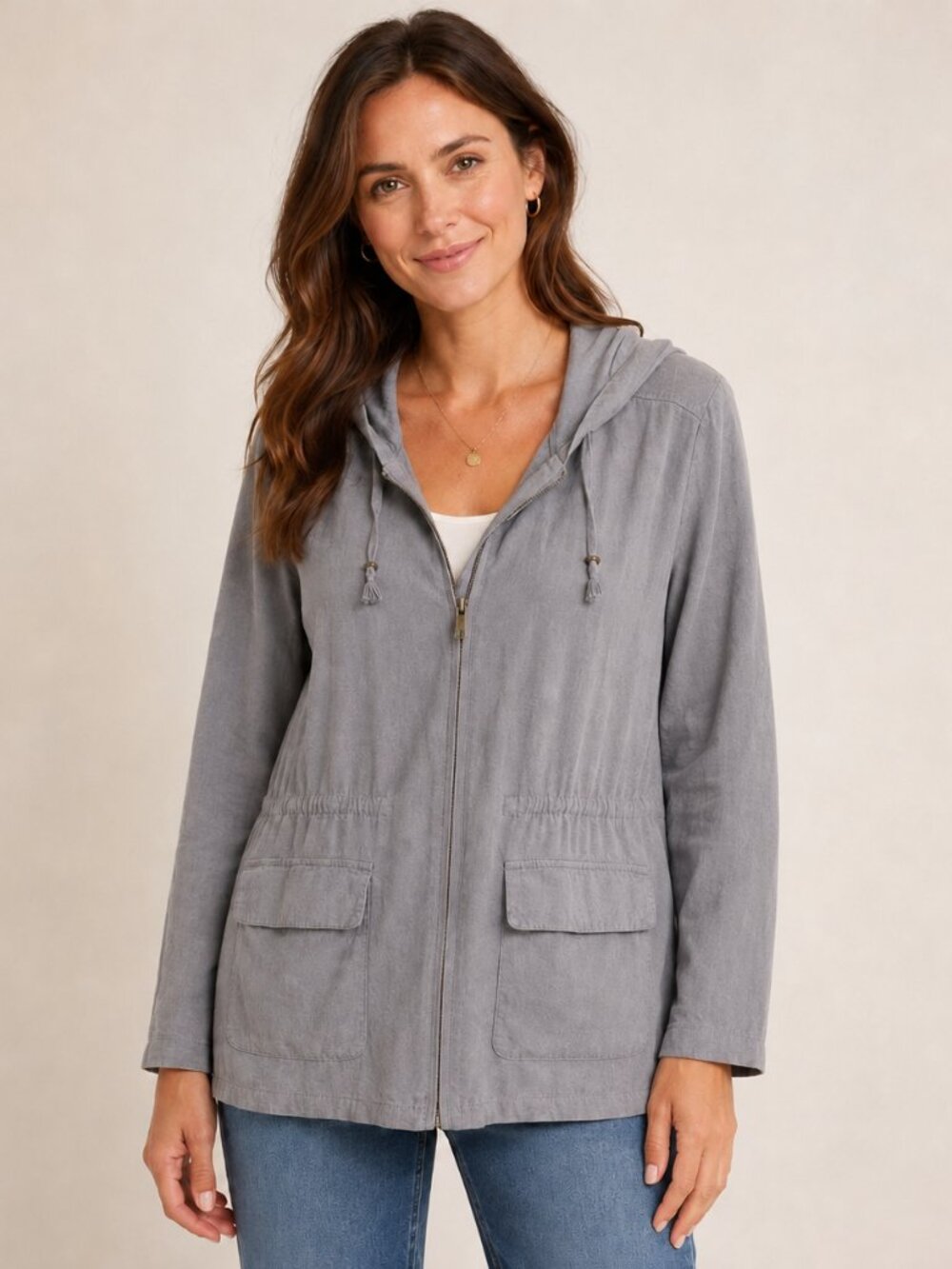 Sunday Casual Heather Gray Rayon Hooded Zip Utility Jacket Patch Pockets Sz S
